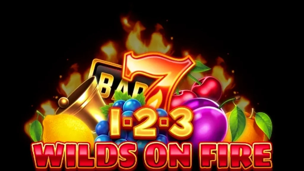 Tampilan visual slot 1-2-3 Wilds on Fire dengan simbol buah dan efek api